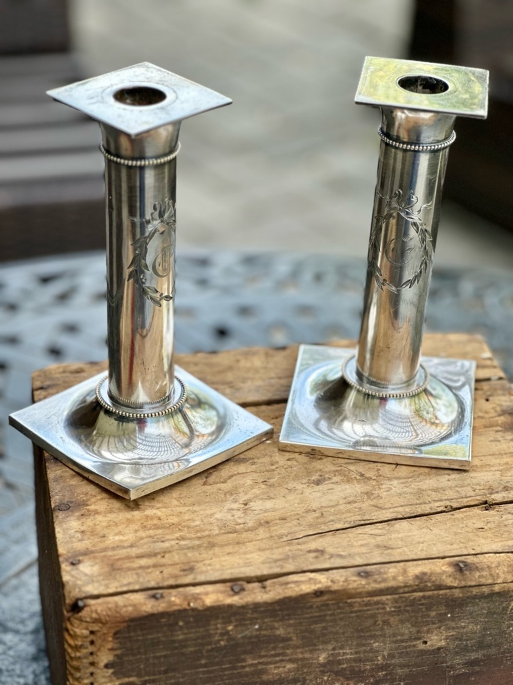 Vintage Pairpoint Silverplate Candlesticks Engraved Monogram Deco Pair - Picture 8 of 12
